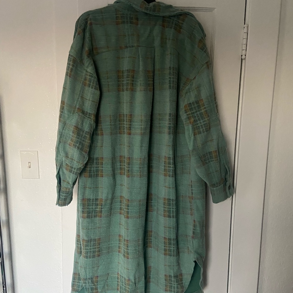 Free People Aqua Plaid Long Shacket with Gold & Green Accents - Picture 6 of 6